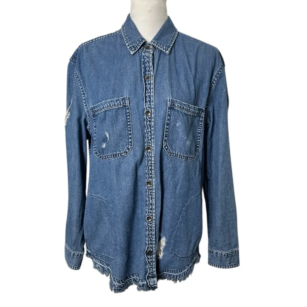 American Eagle Denim Jacket Size Medium Blue Oversized Frayed Graphic Distressed - Picture 2 of 10